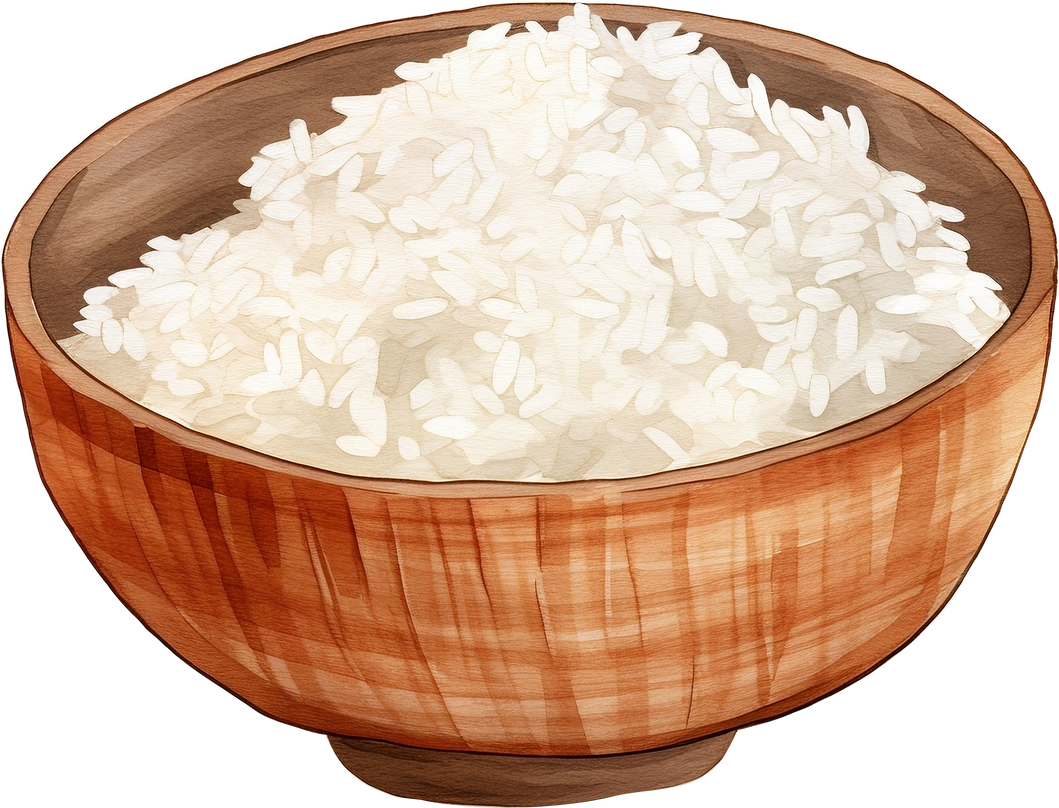 Rice in wooden bowl. Vector illustration of a set of bowls with rice.