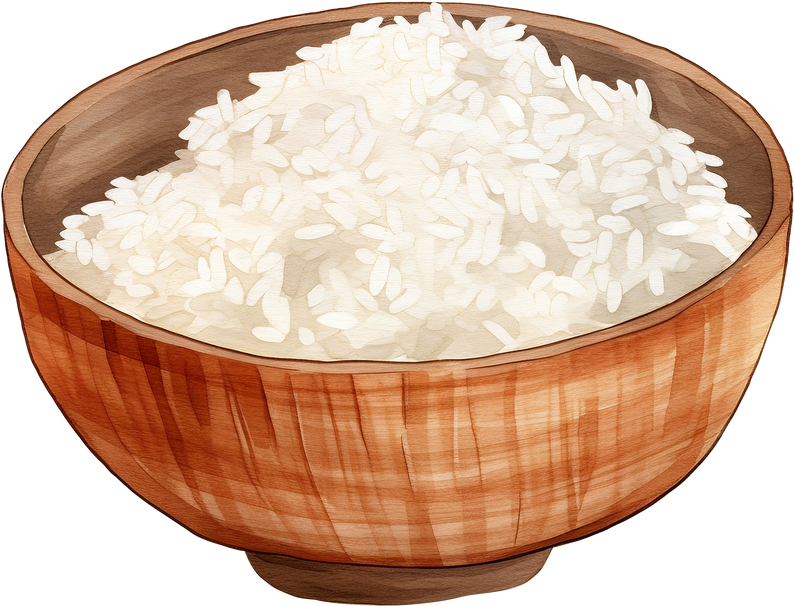 Rice in wooden bowl. Vector illustration of a set of bowls with rice.